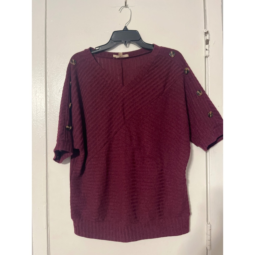 Parallel Skies Womens Burgundy Ribbed V-Neck Button Shoulder Knit Top XL